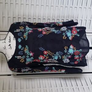 Johnny Was navy blue long sleeve 100% rayon crew neck women tunic top si…